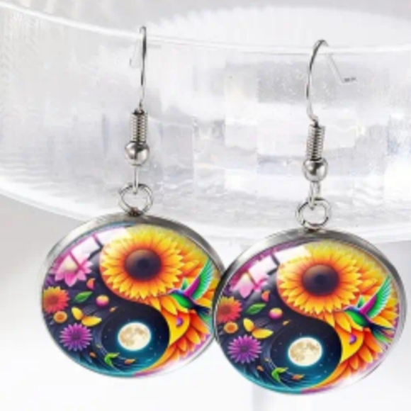 2/$30 Or 3/$35 Y2K Silver Colorful Yin Yang Sunflower Summer Earrings (#086) - Picture 1 of 6